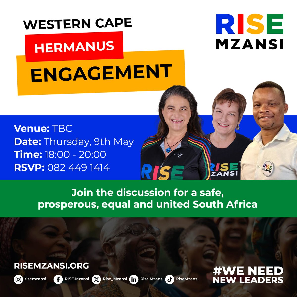 Calling all those in HERMANUS - we'll be visiting on 9th May. Please join us if you can and please share the invitation @Rise_Mzansi @Rise_MzansiWC @Makashule @SongezoZibi @ZeldalaGrangeSA