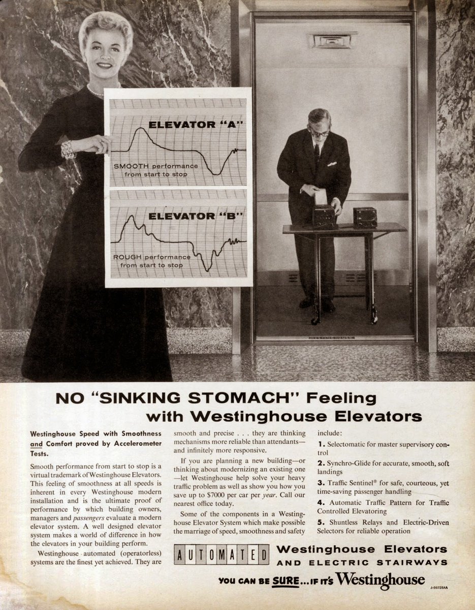 In #APRIL 1957
‘No “Sinking Stomach” Feeling with Westinghouse Elevators’
Westinghouse Elevators and Electric Stairways. April 1957.
#elevators #lifts #Westinghouse #mensfashion #womensfashion #1950s