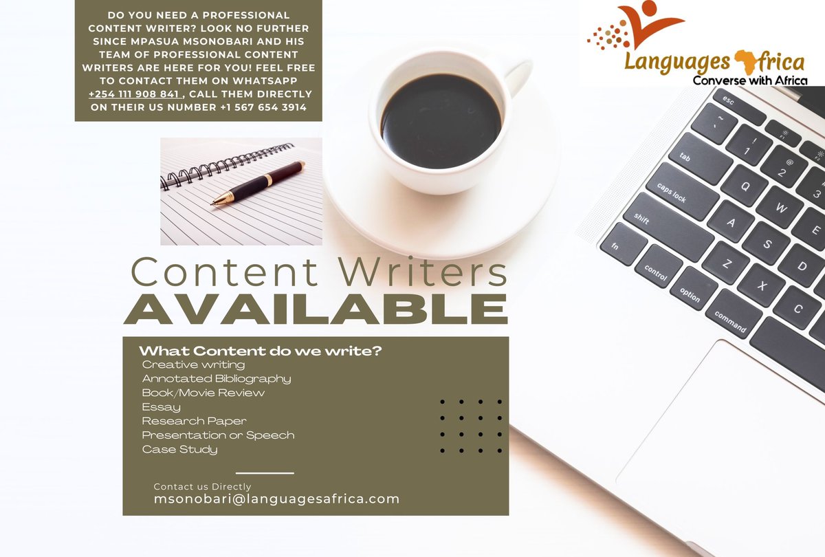 Do you need a professional content writer? #ContentWriting #ArticleWriting Look no further since Mpasua Msonobari and his Team of Professional Content Writers/ Academic Article Writers are here for you! Feel free to contact them on WhatsApp at +254 111 908 841 , call them