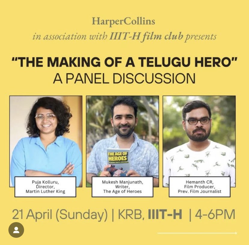Excited for this Panel discussion with #MukeshManjunath and @crhemanth on all about “The Making of a Telugu Hero”. And congratulations Mukesh for your book “The Age of Heroes” being published by @HarperCollinsIN