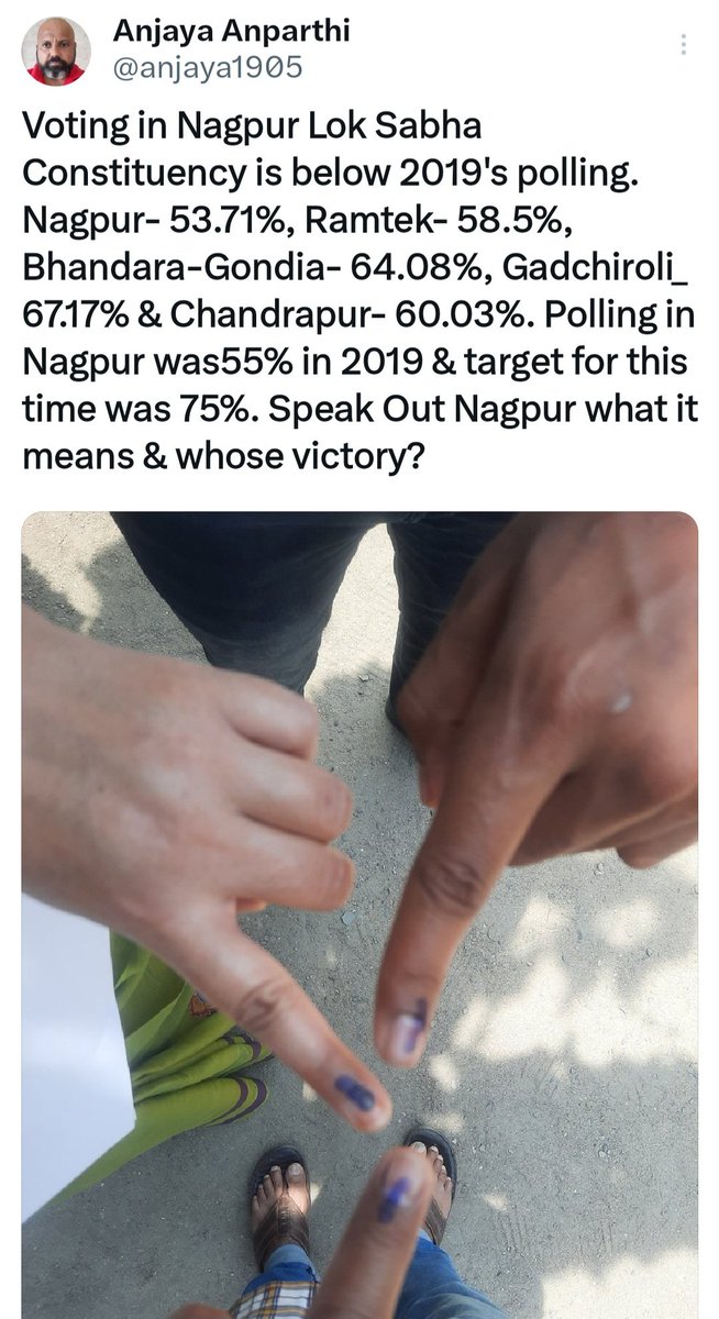 Voting in almost all six assembly constituencies in Nagpur Lok Sabha Constituency was same. Polling was slightly higher in East Nagpur (55.76%) compared with other 5 constituencies. Overall polling was 54.11% (12 lakh voted) which is less than 2014 (57.12%) & 2019 (54.94%).