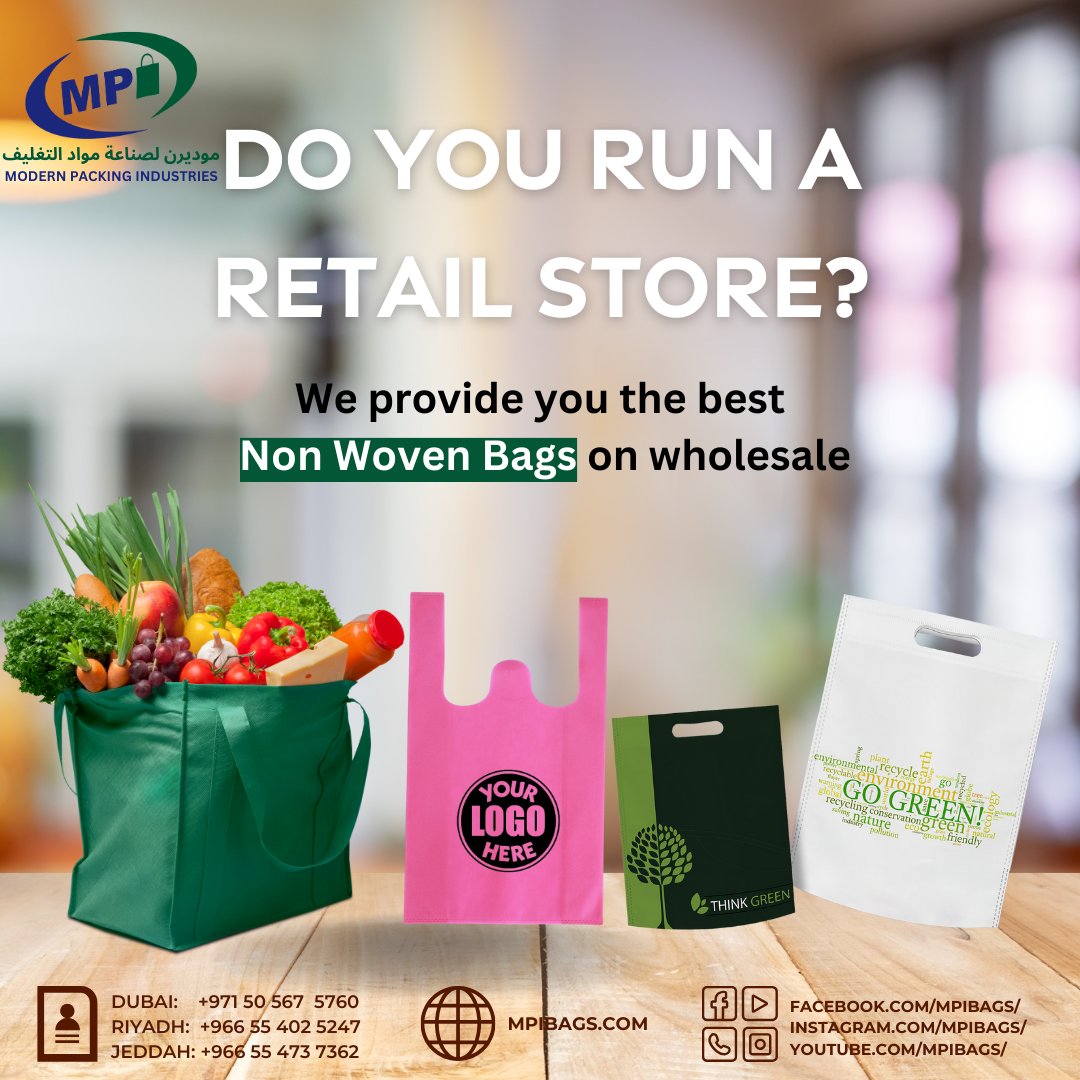 Do you run a retail store? 
We provide you the best Non Woven Shopping Bags on wholesale for your daily customers 
Order Now: mpibags.com/non_wovens/
#EcoFriendly #SustainableLiving #NonWovenBags #CustomDesign #ShoppingBag #StyleMeetsFunction #uaeretail #daytodayuae #baqalauae
