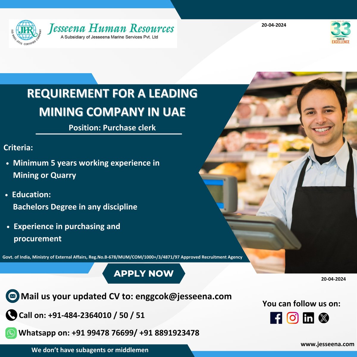 Requirement for a Leading mining company in UAE

Mail us your updated CV to:
enggcok@jesseena.com

#MiningJobs #MiningIndustry #ProcurementJobs #MiningCareer #UAEJobs #PurchaseClerk #MiningCompany #QuarryExperience #ProcurementExperience #BachelorsDegree