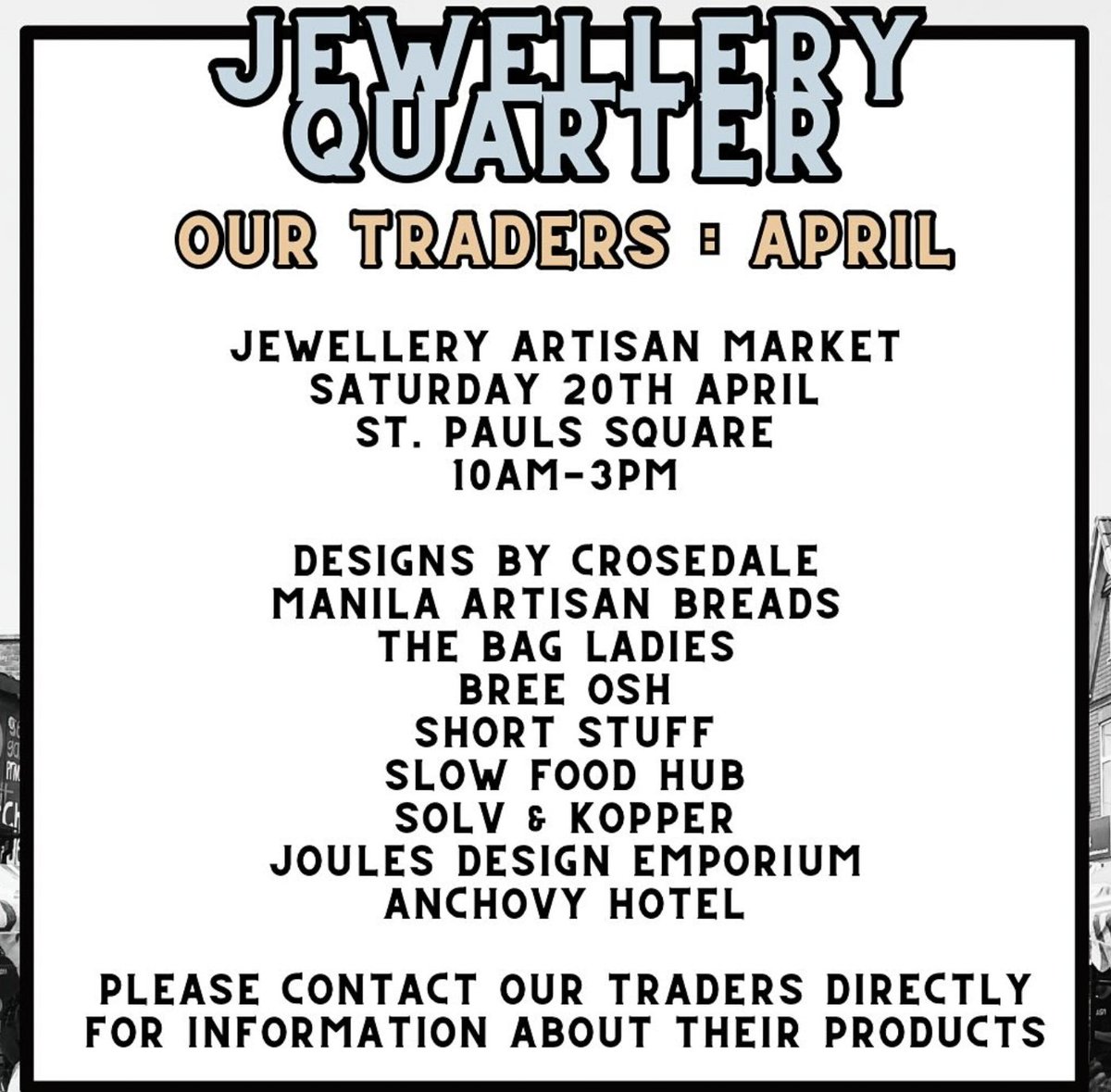 TODAY Saturday 20 April in #StPaulsSquare the new #JewelleryQuarter #ArtisanMarket from 10am - 3pm. The second monthly arts and produce market featuring independent makers, artists and producers! #JQLife #JQEvent #JQArtisanMarket #JQFood @StPaulsChurchJQ