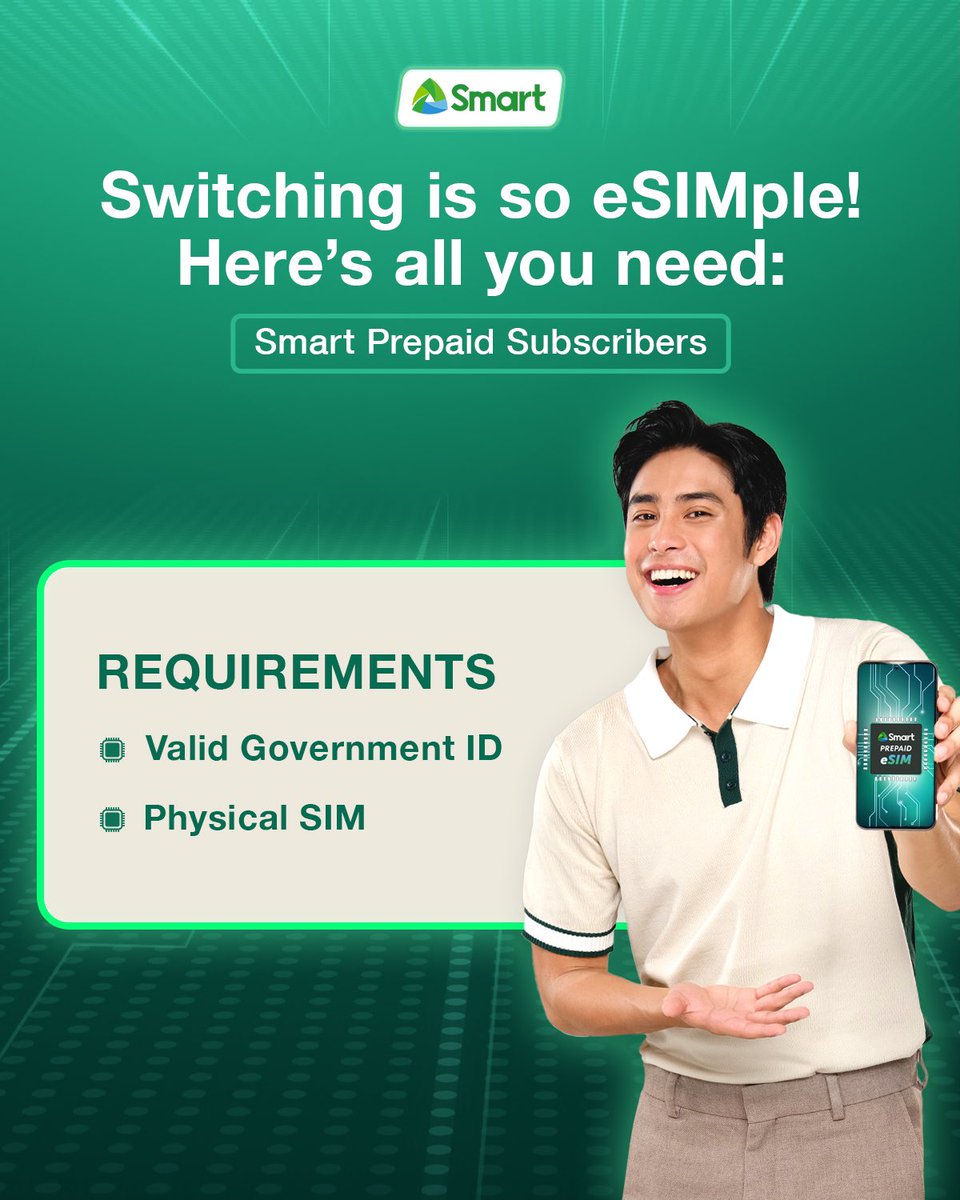 LiveSmart's tweet image. Ready to #LiveForRealWithSmart eSIM? Do it now and enjoy faster connectivity without changing your number. 

Get your requirements ready and experience the upgraded Smart life today.

Learn more here: smrt.ph/esimpagetw

#SmarteSIM