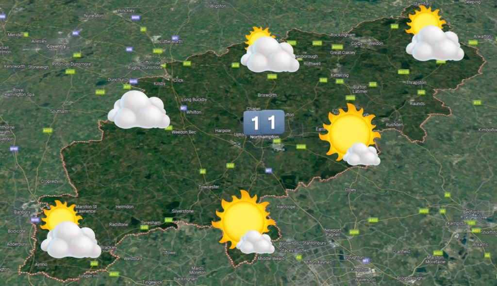 Good morning Northants. A dry Saturday ahead for the county with sunny spells, particularly this morning. A northerly breeze. 11°C. Risk of some drizzle tomorrow otherwise mainly dry with cloud and some brighter spells in the east. 11°C. Cloudy with drizzle on Monday. 8°C.