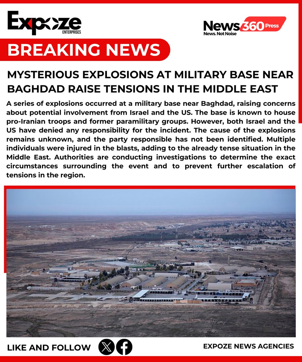 #BREAKING: Mysterious Explosions at Military Base Near Baghdad Raise Tensions in the Middle East

#MilitaryBaseExplosions #BaghdadTensions #MiddleEastConflict #SecurityConcerns #InternationalNews #CrisisinIraq #MilitaryIncidents #GlobalTensions #MiddleEastUnrest #ThreatsInBaghdad