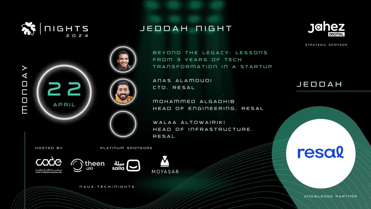 [⚡ This Monday ⚡] Beyond the Legacy: Lessons from 3 Years of Tech Transformation in a Startup @AnasAmoudi Mohammed Algadhib Walaa Altowairiki @resal_me Learn more, attend and reserve your spot! 🔥 ➡️ naua.tech/click/nauatech… 📍 Jeddah 🗓️ April 22, 2024 🕛 6:30 - 10:00 PM