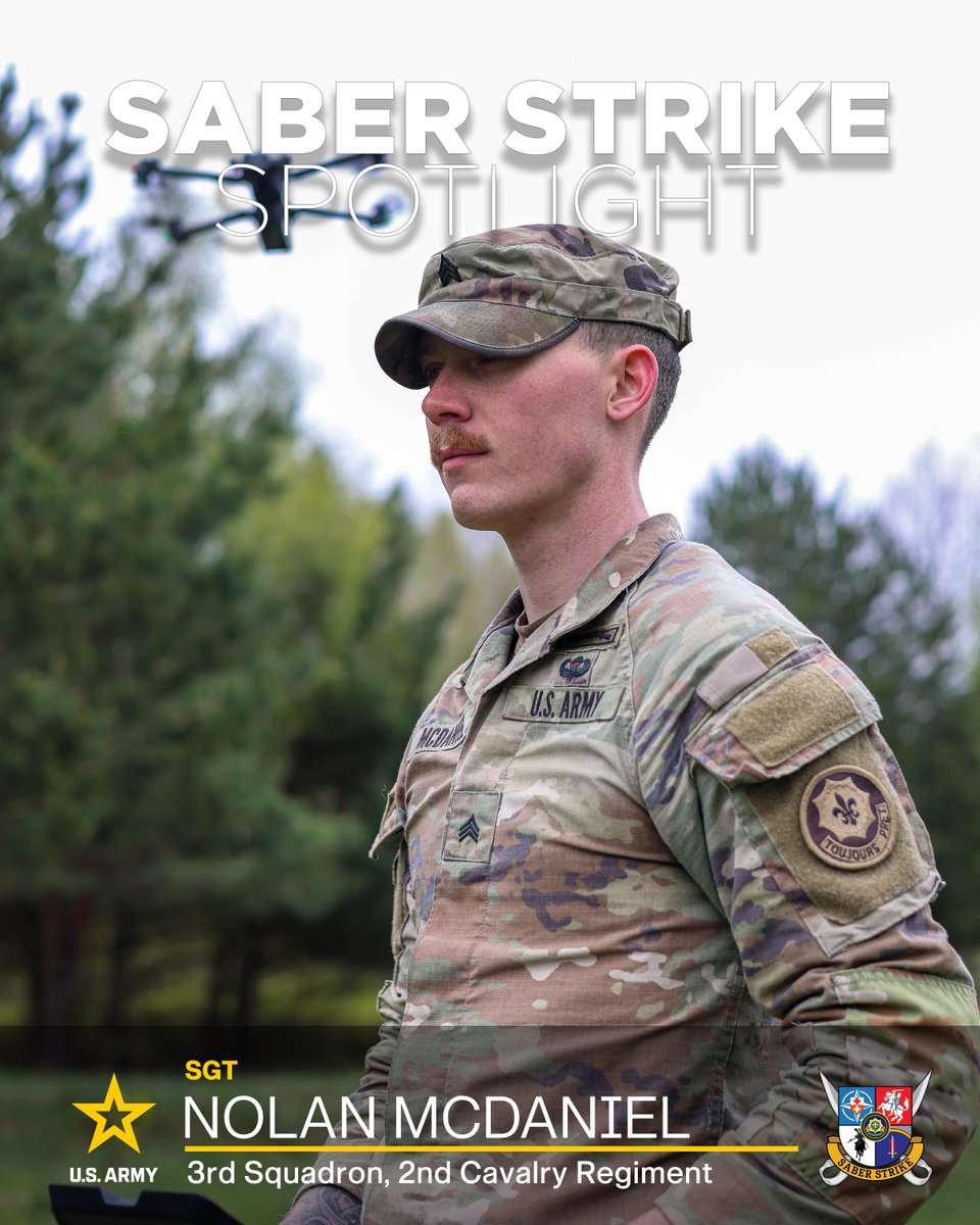 USArmyEURAF's tweet image. #KnowYourDefender

Meet Sgt. Nolan McDaniel w/ #2CR, he is participating in the #DefenderEurope 24 exercise #SaberStrike 24, which is a regionally focused exercise involving 3K 🇺🇸 and 2K Allied participants from 🇭🇷 🇩🇪 🇮🇹 🇱🇹 🇳🇱 🇵🇱 🇷🇴 🇪🇸 and 🇬🇧

#LSGE24 #StrongAndStrategic
