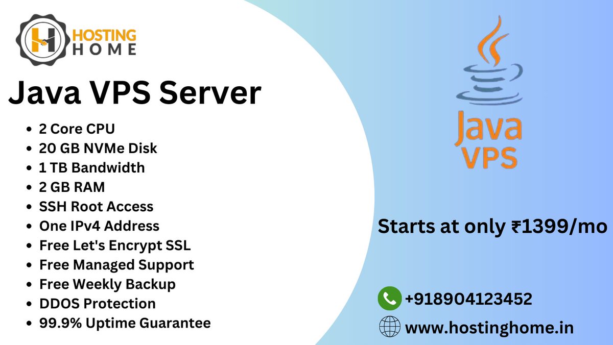 Unlock the power of Java with our VPS servers. Elevate your hosting experience with Hosting Home's Java VPS Server solution. 
Visit Us
hostinghome.in/java-vps-serve…
Contact us
+918904123452
+918904255424
#JavaVPS
#VPSHosting
#JavaServer
#HostingJava
#VirtualPrivateServer