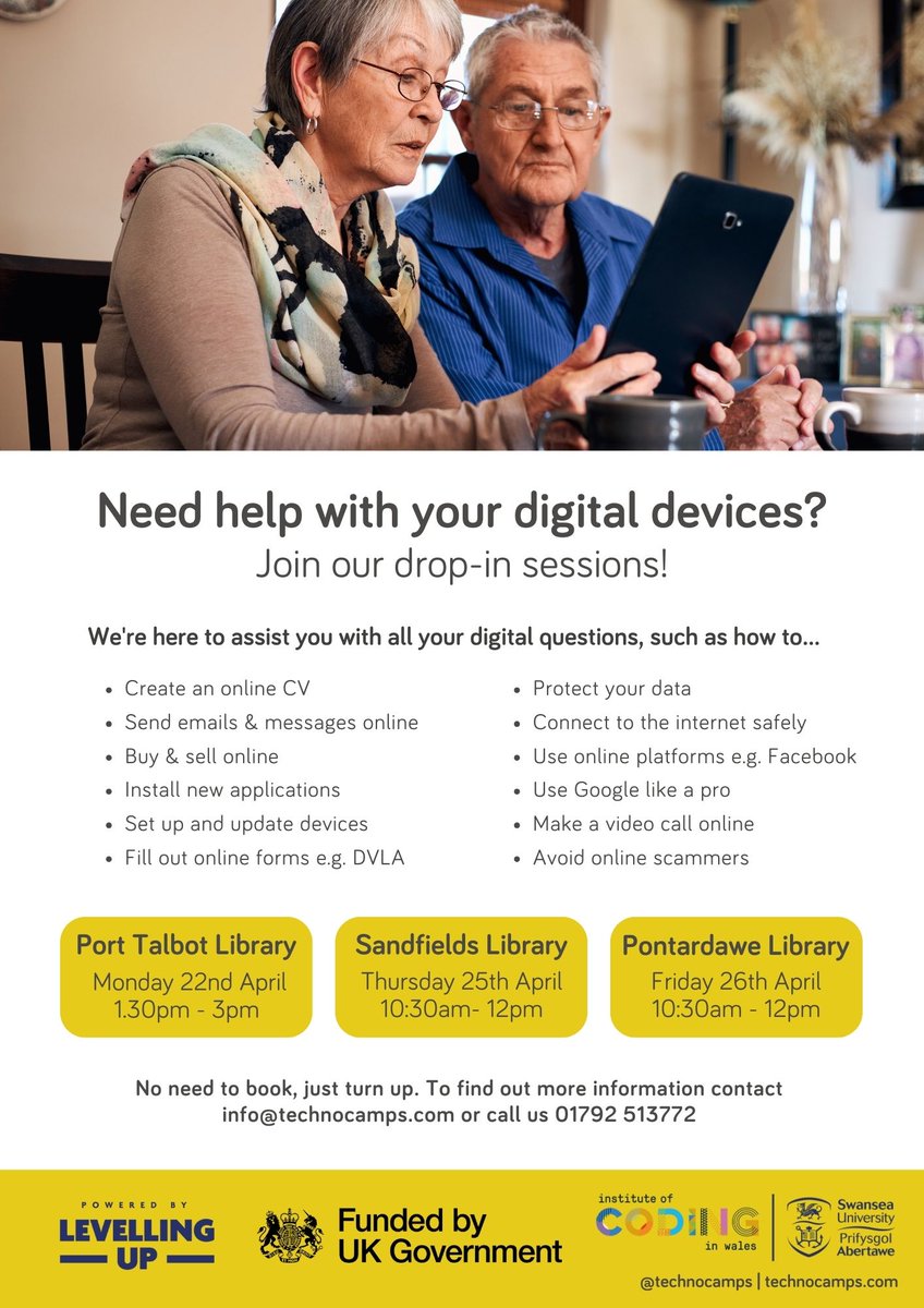 📱Need help with your digital devices? 🖥️ Join our FREE drop-in sessions to ask all your digital questions! ⬇️ @PorTalbotLib 🗓️Mon 22nd April ⏰1.30pm - 3pm Sandfields Library 🗓️ Thurs 25th April ⏰ 10:30am - 12pm @pontylibrary 🗓️Fri 26th April ⏰ 10:30am - 12pm