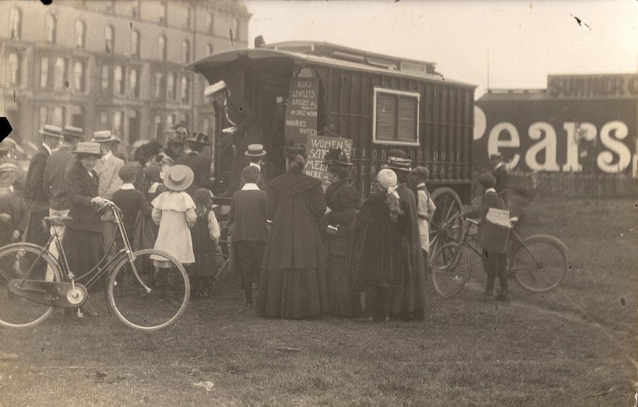 This 1908 photograph of a crowd at the National Union of Women's Suffrage Societies touring caravan at Bridlington tells so many stories. There is so much actually going on. The speaker is Margaret Robertson (1892–1967). Again it is worth enlarging to obtain a clearer view.