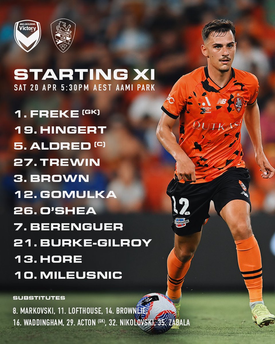 Our team to take on Victory at AAMI Park 📋 ▪️ Mileusnic replaces Waddingham in the eleven ▪️ Brownlie is added to the bench Tune into #MVCvBRI live on Paramount+ from 5:30pm 📺