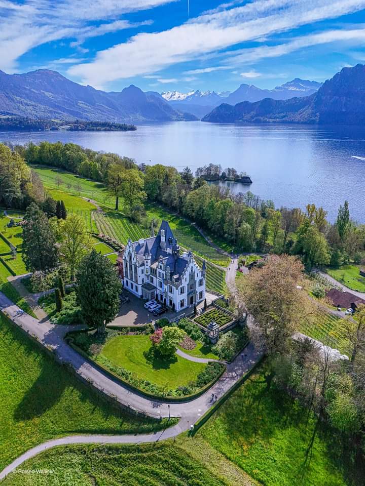 Lucerne lake🇨🇭
Amazing Nature 

The stately Meggenhorn Castle (open to the public) is surrounded by vines, a well-kept, beautiful park and is located on a headland above the Lucerne Lake Basin in Switzerland near Lucerne.