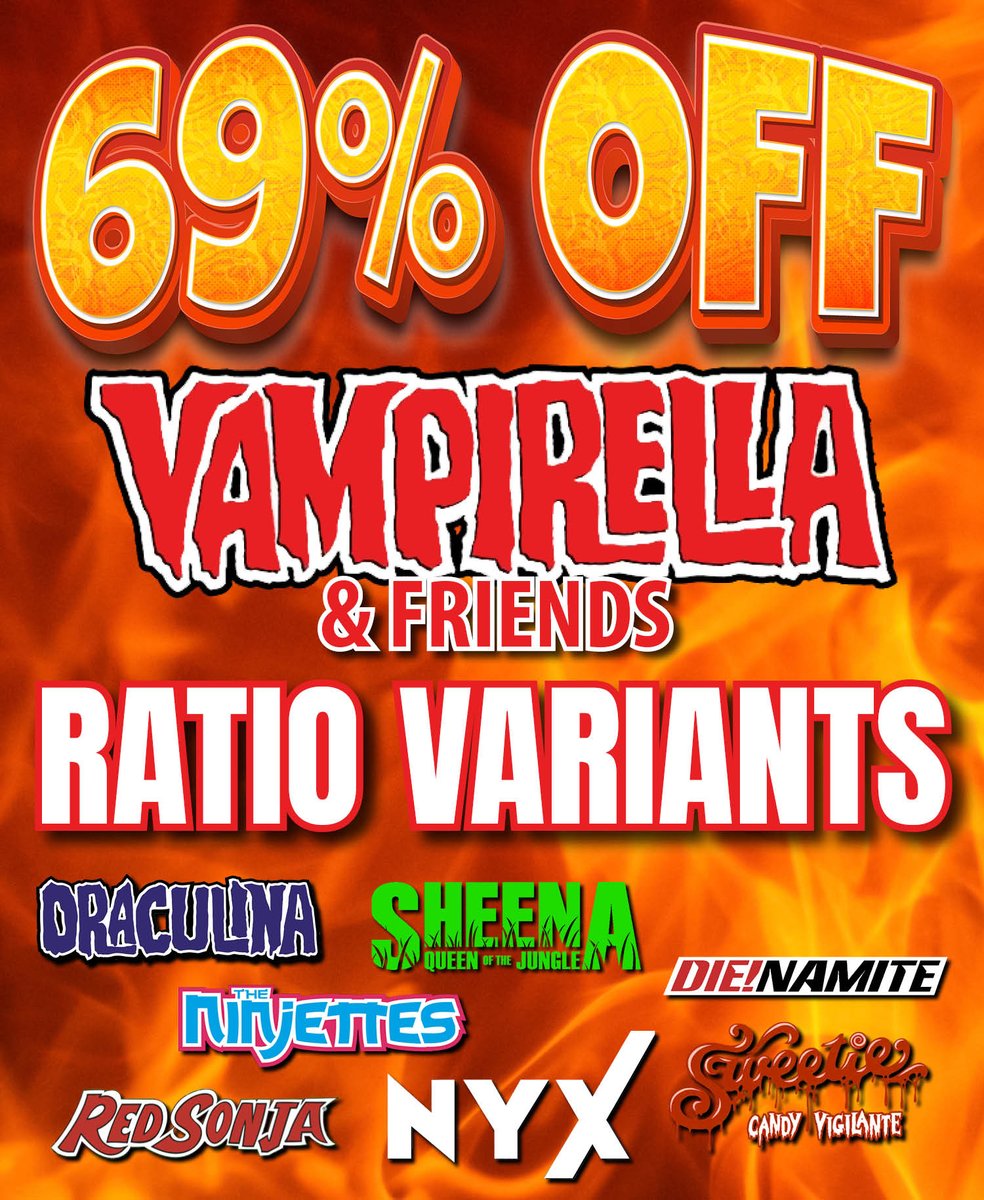 🔥 Vampirella and Friends Ratio Sale this weekend ONLY at tinyurl.com/CK-vamp-sale!
🔥 Dynamite's sexiest ladies are 69% OFF (😜) until 11:59pmPDT Sunday!
#comickingdomcreative #comickingdomrules #musthavecover #ratiovariant #comicratio #vampirella #redsonja #sheena #draculina