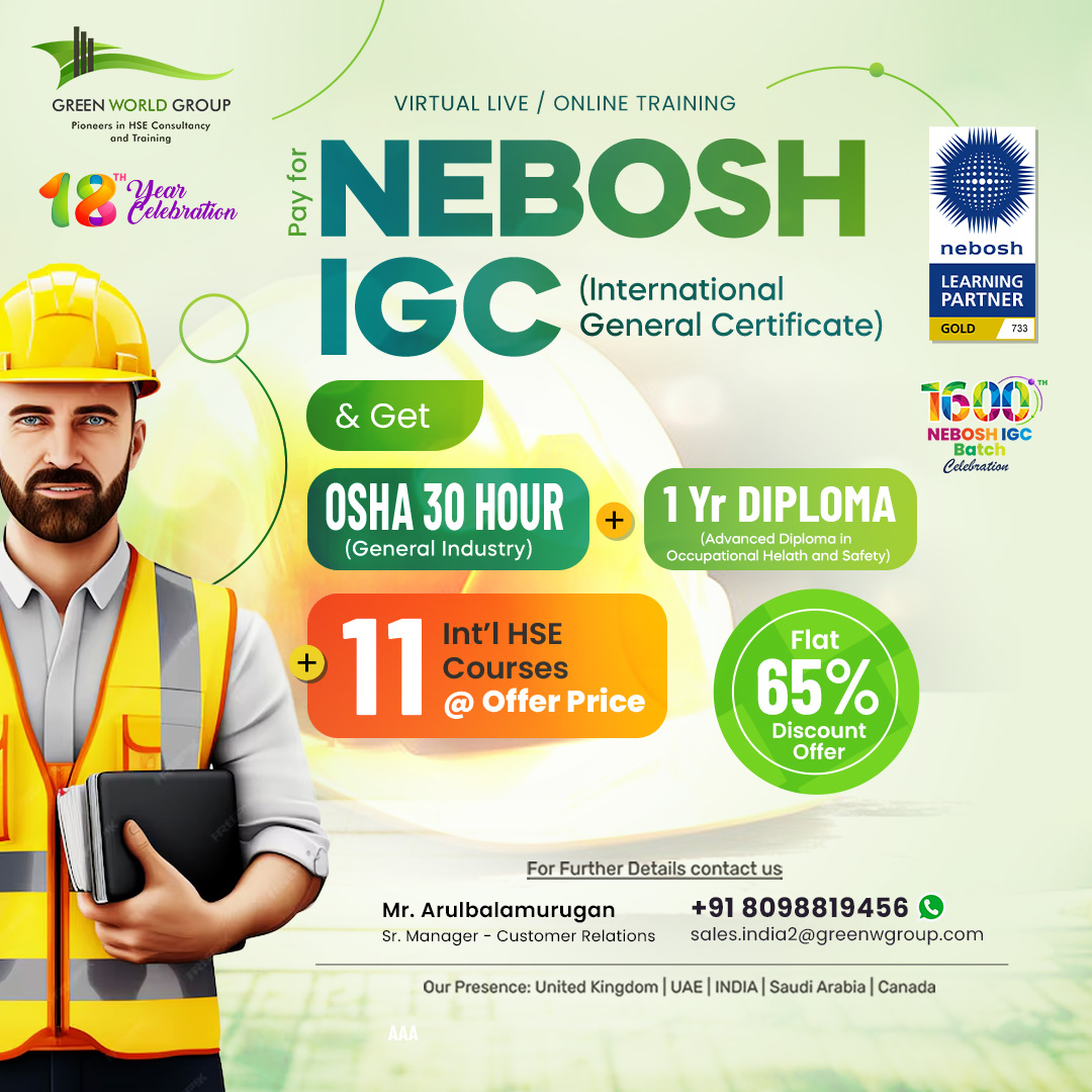 For More Details : -
 Mr. Arul BalaMurugan
 sales.india2@greenwgroup.com
 +91 8098819456

greenwgroup.co.in/course/nebosh-…

#NEBOSHChennai #SafetyTraining #NEBOSHCourse #ChennaiSafety #HealthandSafety #ProfessionalDevelopment #CareerGrowth