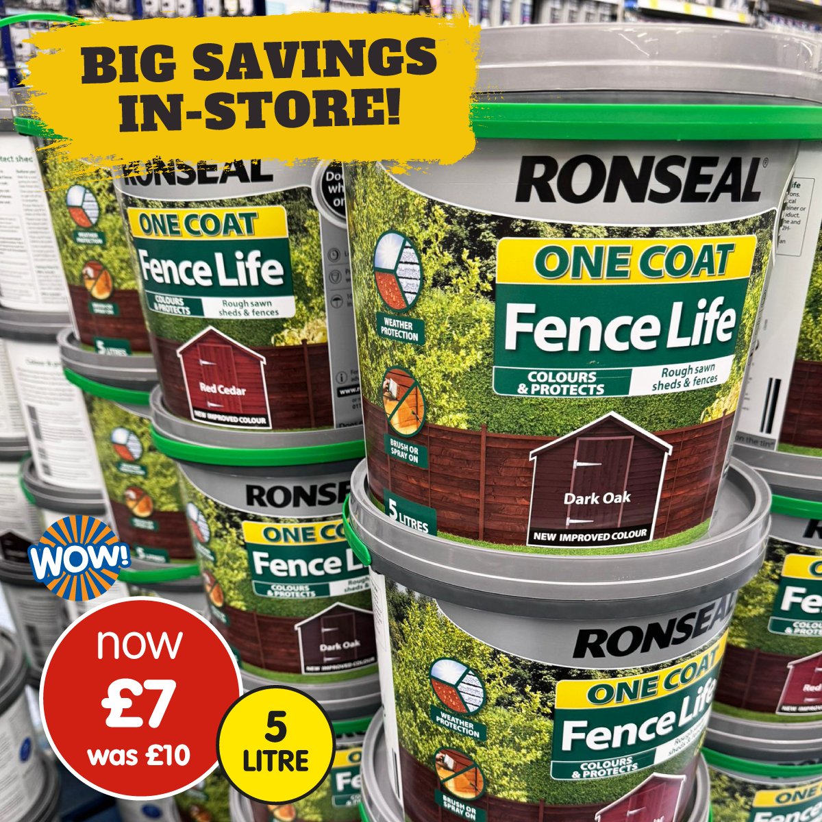 Grab this 5L Ronseal One Coat fence paint for only £7, in-store now🖌️! Get it before it's gone - perfect for when the weather gets slightly more consistent, and your fence needs a fresh lick😎🌞! Who needs to pick a tub up next time they’re in B&M?