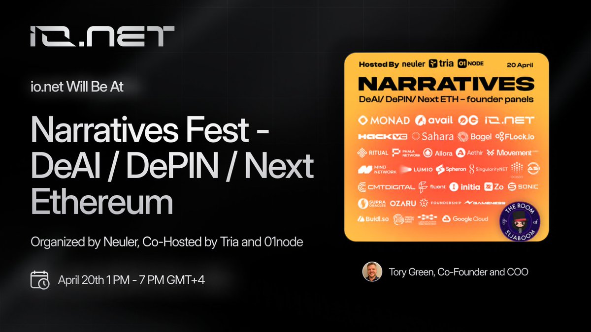 ionet's tweet photo. Join @MTorygreen, https://t.co/ZuybGWvjv9 Co-Founder and COO, as he presents at Narratives Fest in Dubai organized by Neuler and co-hosted by @useTria & @01node!

Narratives Fest provides a platform for attendees to gain invaluable insights and connect with the visionaries that drive transformative narratives like DePIN and RWA forward.

https://t.co/3WvzBcTwVG