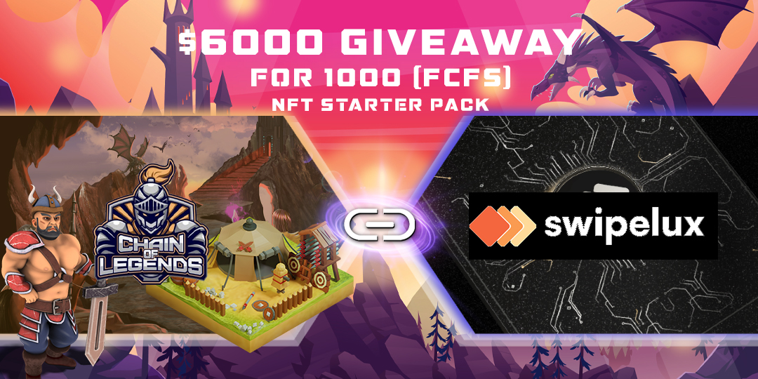 <a href="/ChainOfLegends/">Chain Of Legends</a> 🤝 <a href="/swipelux_/">swipelux_official</a> 

🤑🎁 $6000 Free NFT #Giveaway 🎁🤑

⚔️ 1000 Chain Of Legends NFT starter Packs  (Barracks + 3 Warriors) worth $6 per new player

🌐 portal.zeroid.org/perks/18

#FCFS #CLEG #NFTs 
🔸🔸🔸🔸🔸🔸🔸🔸🔸🔸
👇 Things you need to do there to be eligible:

1️⃣