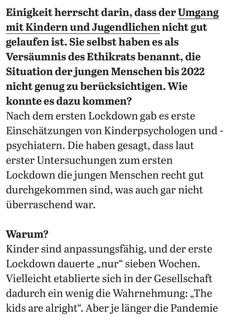 1/ Moment mal, Frau #Buyx. Man traut ja seinen Augen kaum: Via TAGESSPIEGEL behauptet die Vorsitzende des Ethikrates am 18.4.24, der erste #Lockdown habe ‚nur sieben Wochen‘ gedauert, Kinder seien anpassungsfähig. Ich bitte nun um Schwarmintelligenz: