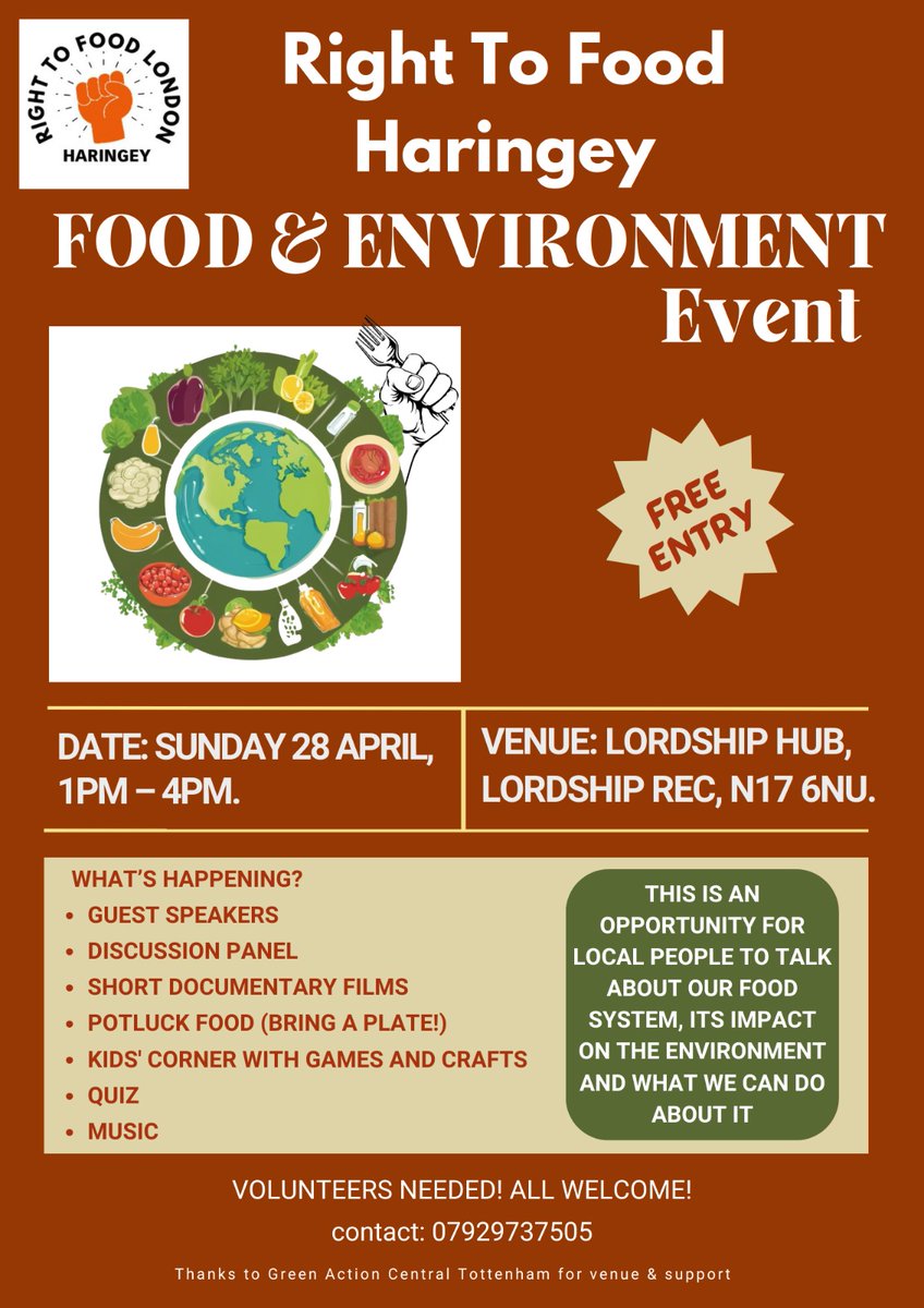 Sunday 28th April, 1-4pm at Lordship Hub. Right to Food are putting on an event, FOOD AND THE ENVIRONMENT with discussion , films, quiz, children's activities and refreshments. <a href="/LordshipHub/">Lordship Hub Co-op</a>