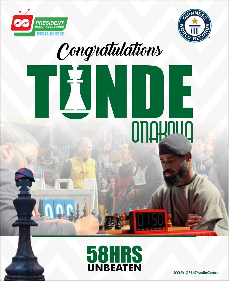Meet Tunde Onakoya, the man who achieved a remarkable feat by setting the Guinness World Record for the longest marathon chess playing session, clocking in at an impressive 58 hours. Congratulations, #ProudlyNigeria 🇳🇬