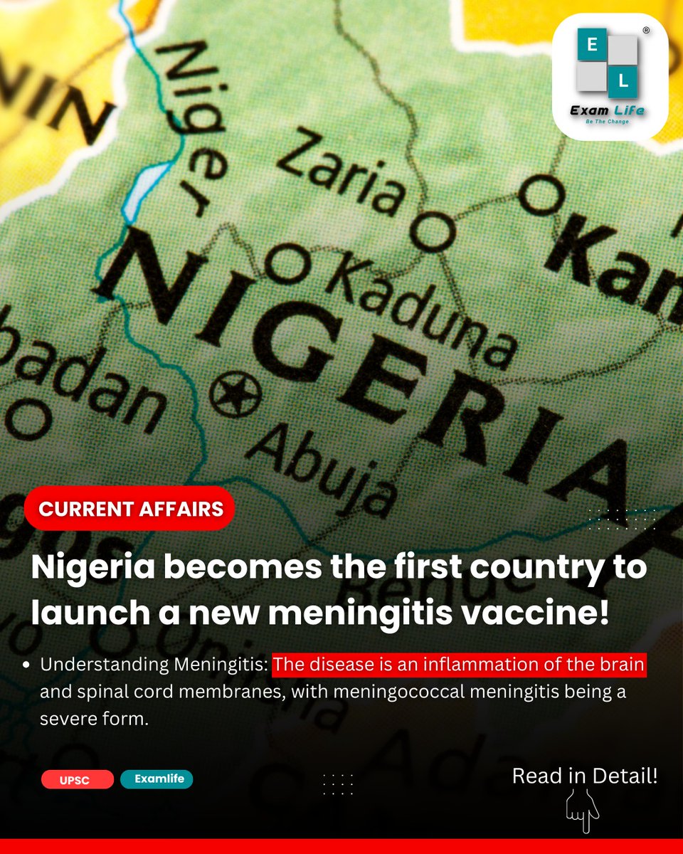 👉Nigeria becomes the first country to launch a new meningitis vaccine!

Read in Detail:👇
tinyurl.com/dailycurrentaf…

#Examlife #UPSCPrep #india #exampreparation #vaccine #virus #UPSCresult #upsctopper