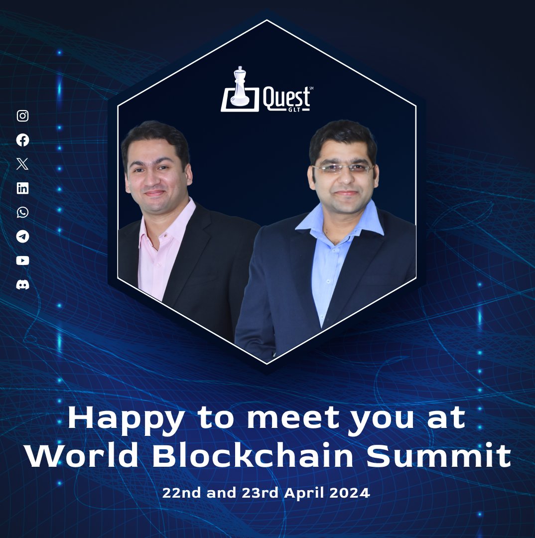 Quest Global Technologies Ltd. is heading to the World Blockchain Summit in Dubai! 🌴🌐 Get ready to dive into the latest blockchain trends and meet top industry leaders. Let's connect and shape the future together! 🤝✨ 

#WorldBlockchainSummit #Blockchain #Networking #Questglt