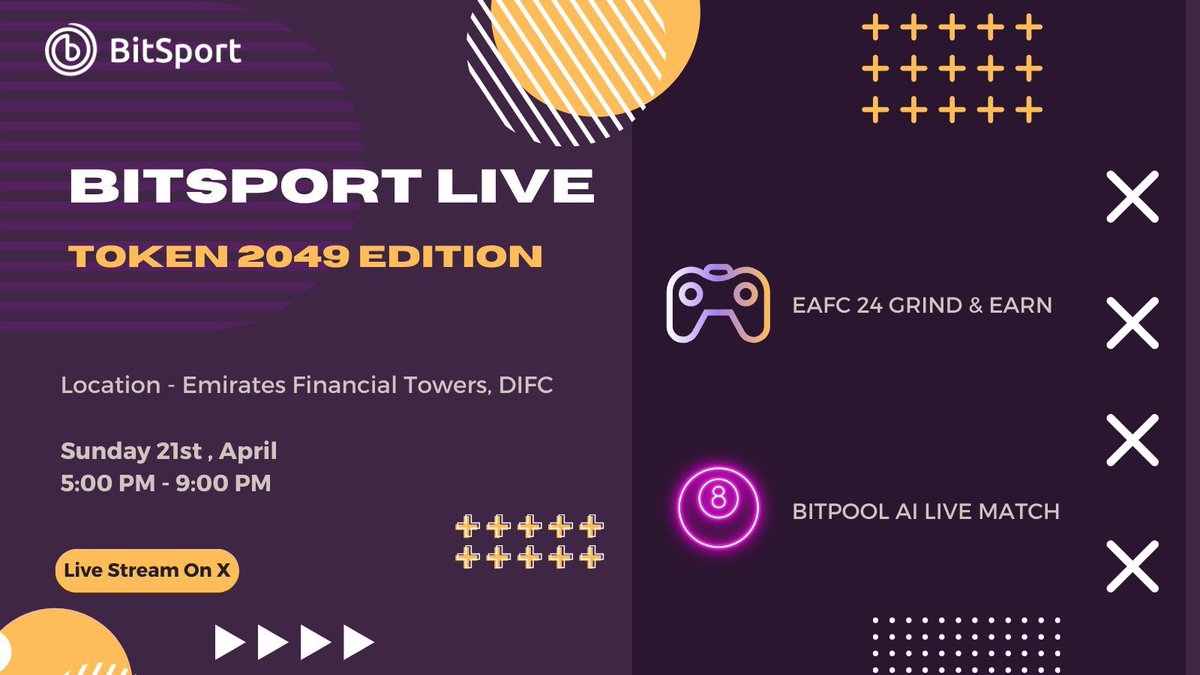 📢 Exciting ! 

Our BitSport Live stream tomorrow will be on both EAFC24 &amp; BitPool 🎱

⚽️ EAFC24 Grind &amp; Earn between UAE’s undefeated AZID &amp; FIFALAUD ⚡️

🎱 BitPool AI Quest Contest  🚀

Live stream will be here on X  &amp; we also have few in-person spots for Token2049 attendees