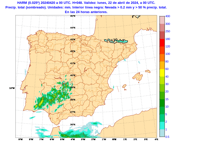 Precipitaciones previstas por Harmonie-Arome para mañana domingo en zonas principalmente de sierra del cuadrante SW peninsular.