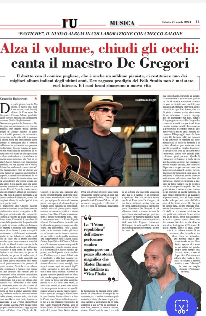 Il pianoforte che Checco Zalone suona in maniera straordinariamente malinconica riesce a regalare a De Gregori un’intensità che raramente è riuscito ad avere in passato. #unità @paroleedintorni @fdegregori #checcozalone #pastiche #Musica #degregori #Musica