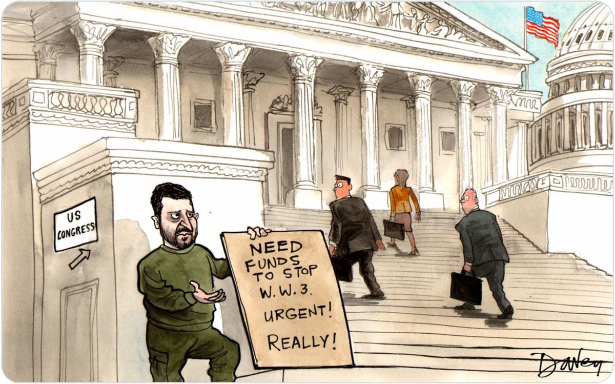 So, today the US Congress will approve the military assistance that the Kiev regime has been waiting for. 

Following The Times, which depicted Zelensky as a beggar, The Daily Telegraph publishes an illustration on the same topic: 'We need money to stop World War III. Urgently!…