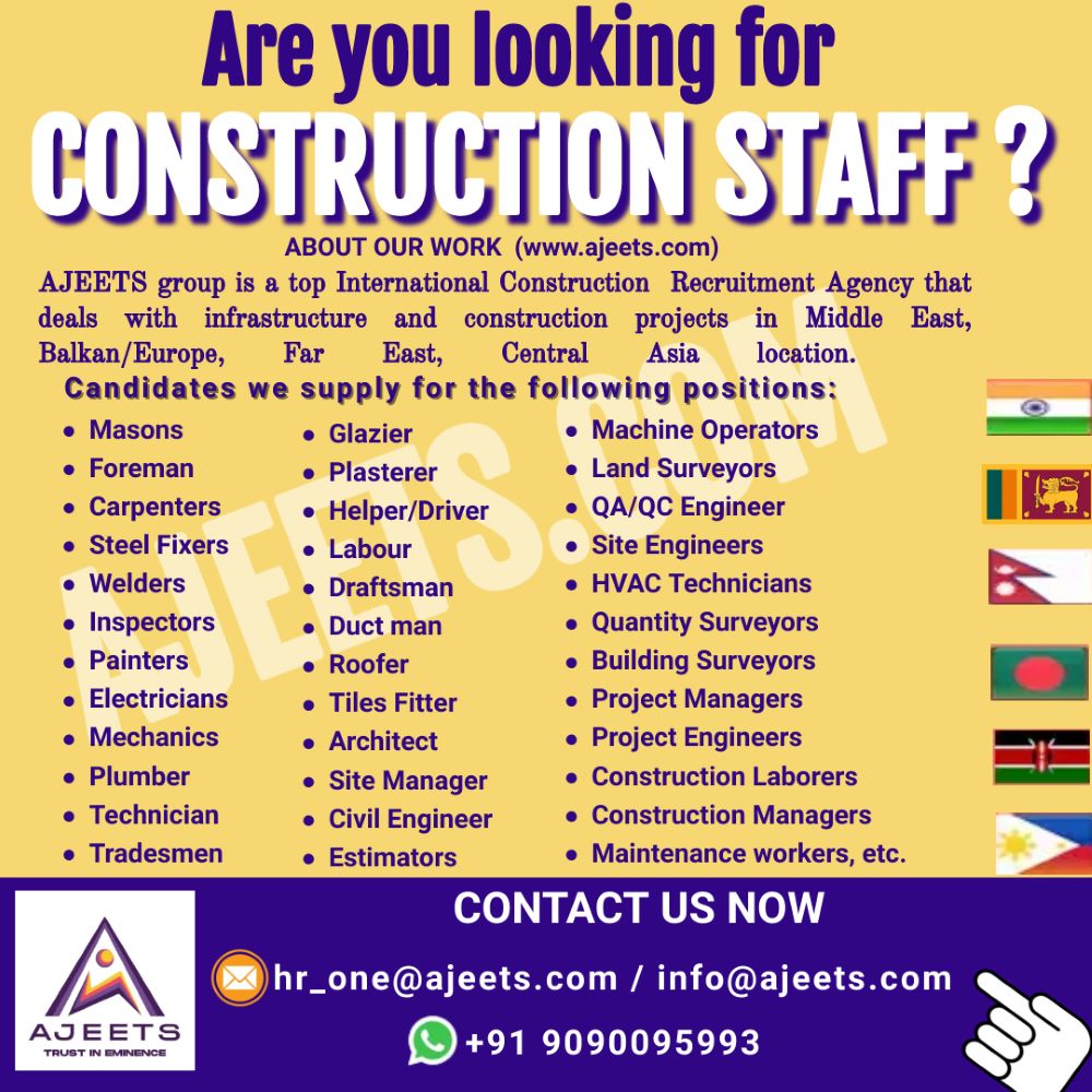 Ajeets Provide best manpower solutions for the construction Industy.
Contact us with your #requirements for the best #manpower services.

#construction #hiring #constructionindustry #constructionworker #staffing #recruitment #Manpower #employment
