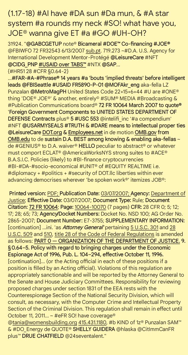 41824.'@FBIWFO #KNOW® #CA PENAL #CODE 6 122...
{#HR51} #NFT
...72 #FR10064 #DNS+#ISP #AIDAR 48 #FR 719.271-6 @dhsscitech distinction bet. #Corroboration & #Collusion to DEFRAUD @USArmy 22 #USC 263a plus™ #POLICEREFORM #S1605 #SEC.565 #DO_TECH #MONOPOLY 5 USC 553 @CIDG_PNP #FTX?'