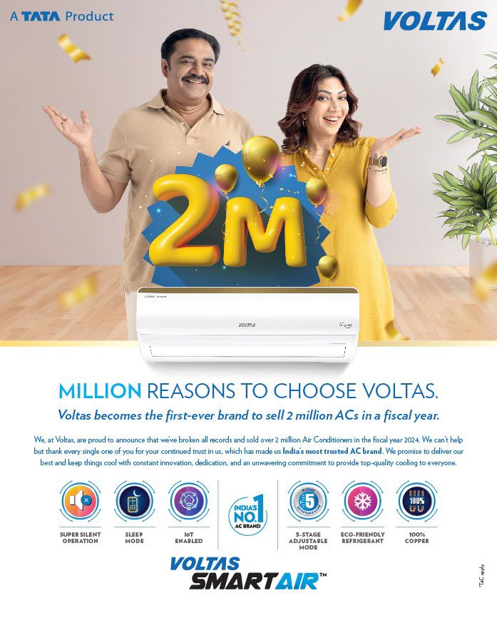 Exciting news! We hit 2 million AC sales in FY 23-24. By doing so we’ve set a new standard in India and maintained our No. 1 spot in the RAC market, which fills us with pride. Thanks for your support! #VoltasMilestone #LeadingTheWay