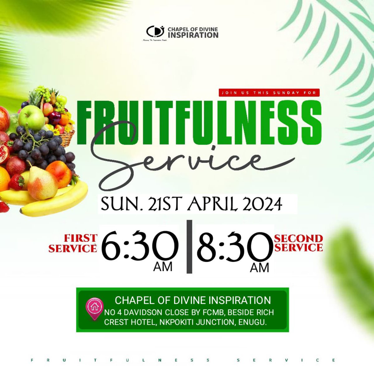 Join us tomorrow at our Fruitfulness Service.
First service starts at exactly 6;30am and second service starts at 8:30am.
This services are special; do not come alone.
See you in church.

#TheCDIChurch 
#pstkcahaiwe 
#fruitfulness2024