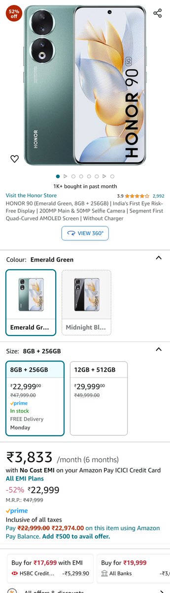 Honor 90 is available as low as ₹17,699 on Amazon 👀. Recommended for those who need good display & cameras with flicker free screen can buy this. Buying link: amzn.in/d/3FSJ0pi Key specs 👾 -6.7' 1.5k 120hz 10bit 1600 nits curved OLED display -Snapdragon 7 gen 1 5g