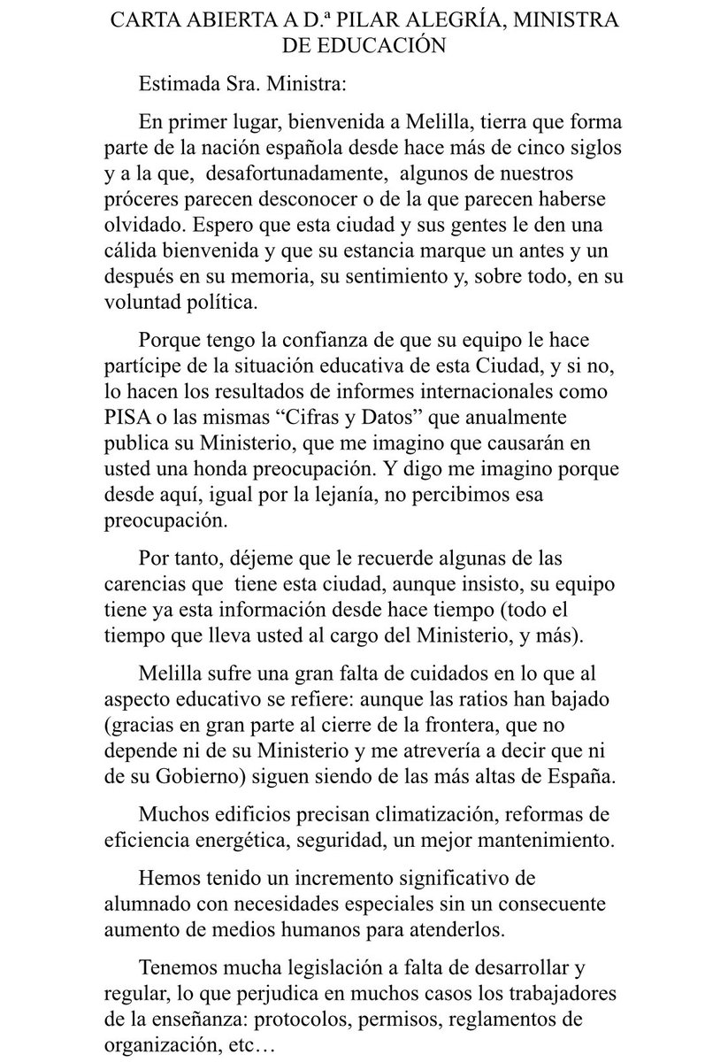 cope_melilla's tweet photo. 🔵✍️ Artículo de opinión. Carta de @CSIFEnseMelilla a la ministra de @educaciongob. https://t.co/ZoO3Wu6Msp
