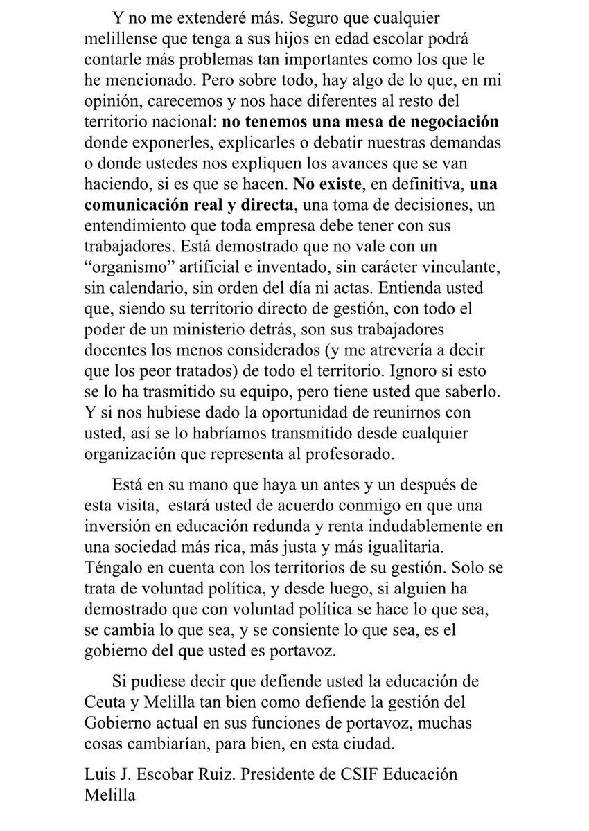 cope_melilla's tweet photo. 🔵✍️ Artículo de opinión. Carta de @CSIFEnseMelilla a la ministra de @educaciongob. https://t.co/ZoO3Wu6Msp