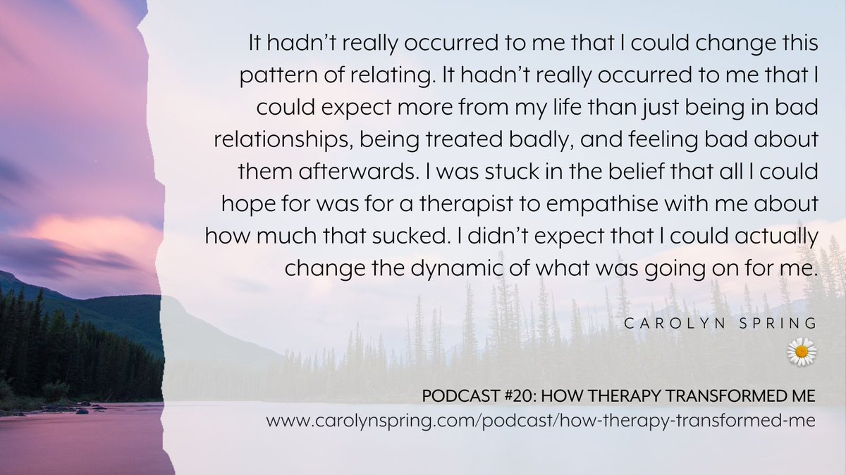 My life is far from perfect, and neither am I (and never will be). But I have been gradually moving away from harmful patterns of relating. Listen to the podcast to find out more: carolynspring.com/podcast/podcas… #TherapistsConnect