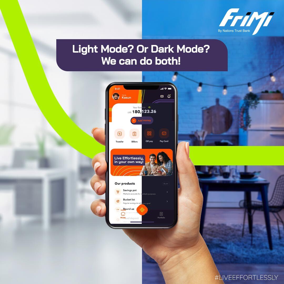 FriMi_lk's tweet photo. How do you prefer to use FriMi? In Light Mode? Or Dark Mode? You can’t go wrong with either!

Get Onboard FriMi -  https://t.co/vbODFtBpnK

#FriMi #LiveEffortlessly #DigitalLifestyle #DigitalBanking #lka https://t.co/RPFzSRkUGv