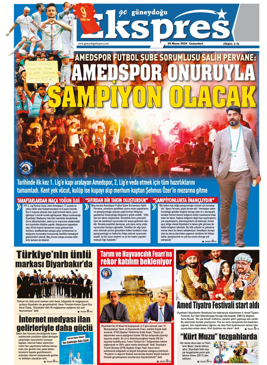 🔴Bugünkü manşet haber ve gazetemiz...

📍“AMEDSPOR ONURLU DURUŞUYLA ŞAMPİYON OLACAK”

📍#Amedspor Futbol Şube Sorumlusu Salih Pervane, sezon başında halka hitap edecek, yetenekli ve karakterli bir takım kurduklarını söyledi.