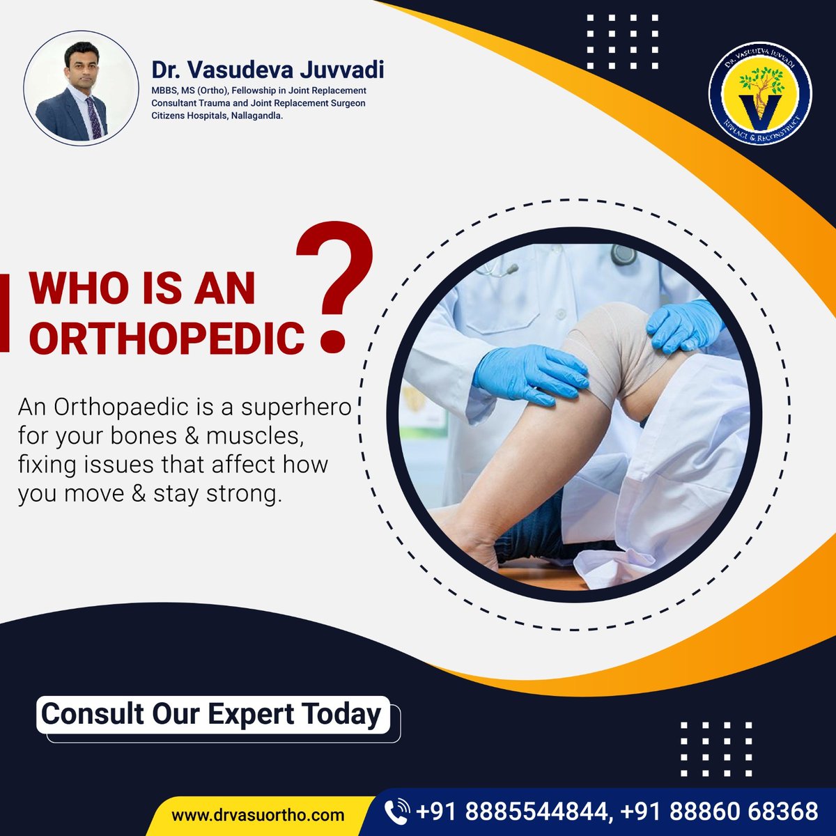 Are you tired of living with constant pain or limited mobility? Meet our hero, Dr Vasudeva Juvvadi, your orthopaedic superhero! Whether it's aching joints, a sports injury, or a condition affecting your bones and muscles, 

#OrthopedicExpert #OrthopedicCare #orthopaedics