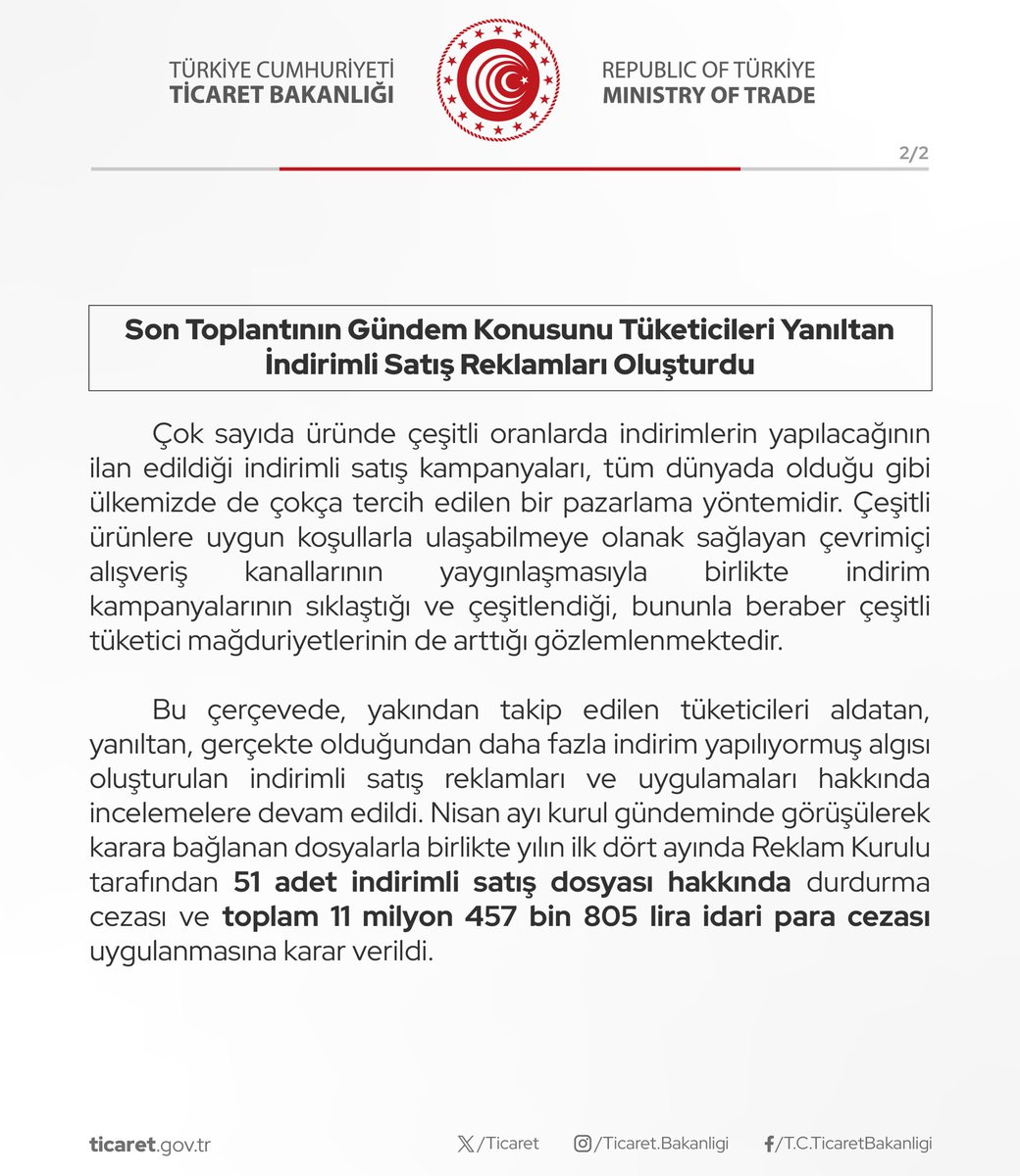 Ticaret Bakanlığı: Reklam Kurulu aldatıcı reklamlar ve haksız ticari uygulamalar için 3,5 ayda 94 milyon lira ceza kesti.