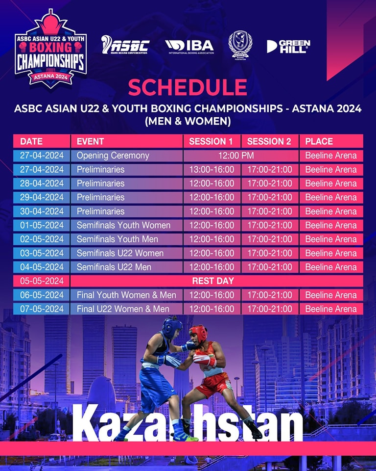 Competition Schedule 📅 for the upcoming ASBC Asian U22 and Youth Boxing Championships in Astana 🇰🇿 set to start April 27th 2024. For all official documents click the link 🔗 linktr.ee/asbc_official