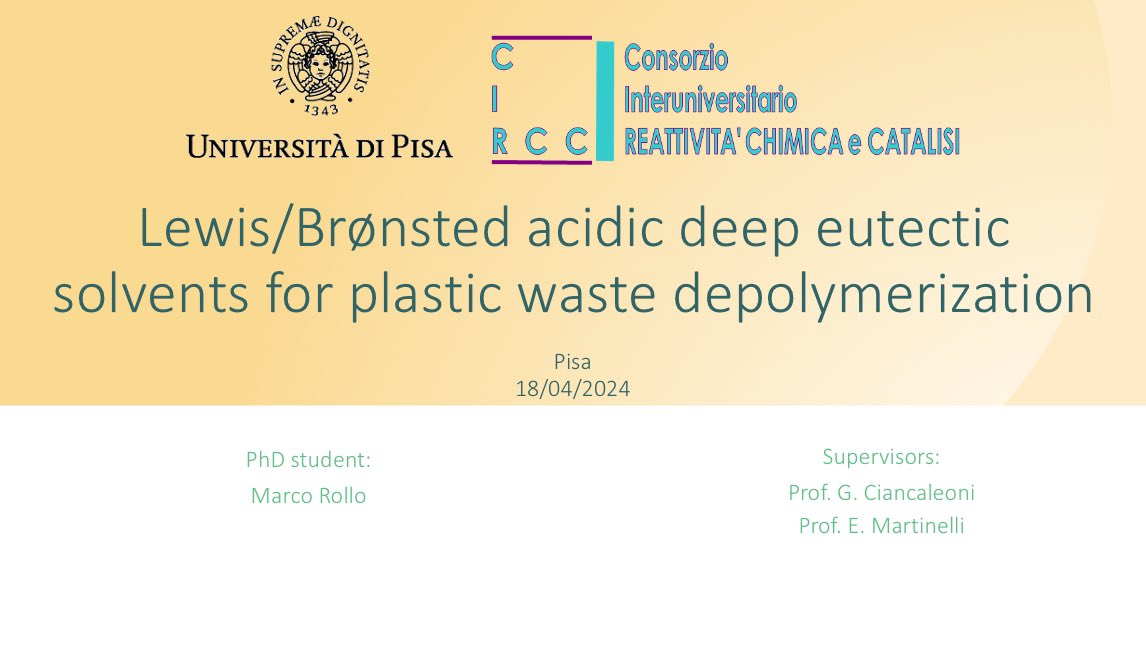 marco_r97's tweet photo. On 18th of April, I had the opportunity to speak at XX PhD-Chem Day held in Pisa and organised by CIRCC presenting how LBDESs exhibit good performance and high selectivity for monomer recovery, enabling us to achieve closed-loop recycling for plastic! ♻️

#recycling #plastic #PET https://t.co/nHeR9RlRgs