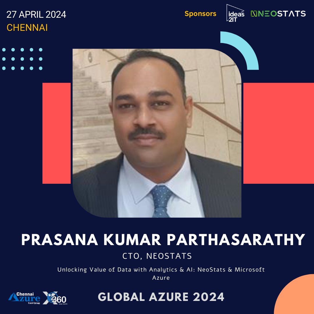 Don't miss  Prasana Kumar Parthasarathy talk on '𝗨𝗻𝗹𝗼𝗰𝗸𝗶𝗻𝗴 𝗩𝗮𝗹𝘂𝗲 𝗼𝗳 𝗗𝗮𝘁𝗮 𝘄𝗶𝘁𝗵 𝗔𝗻𝗮𝗹𝘆𝘁𝗶𝗰𝘀 & 𝗔𝗜: 𝗡𝗲𝗼𝗦𝘁𝗮𝘁𝘀 & 𝗠𝗶𝗰𝗿𝗼𝘀𝗼𝗳𝘁 𝗔𝘇𝘂𝗿𝗲' at the Global Azure 2024 event, scheduled for April 27, 2024.

Register: globalazure.in