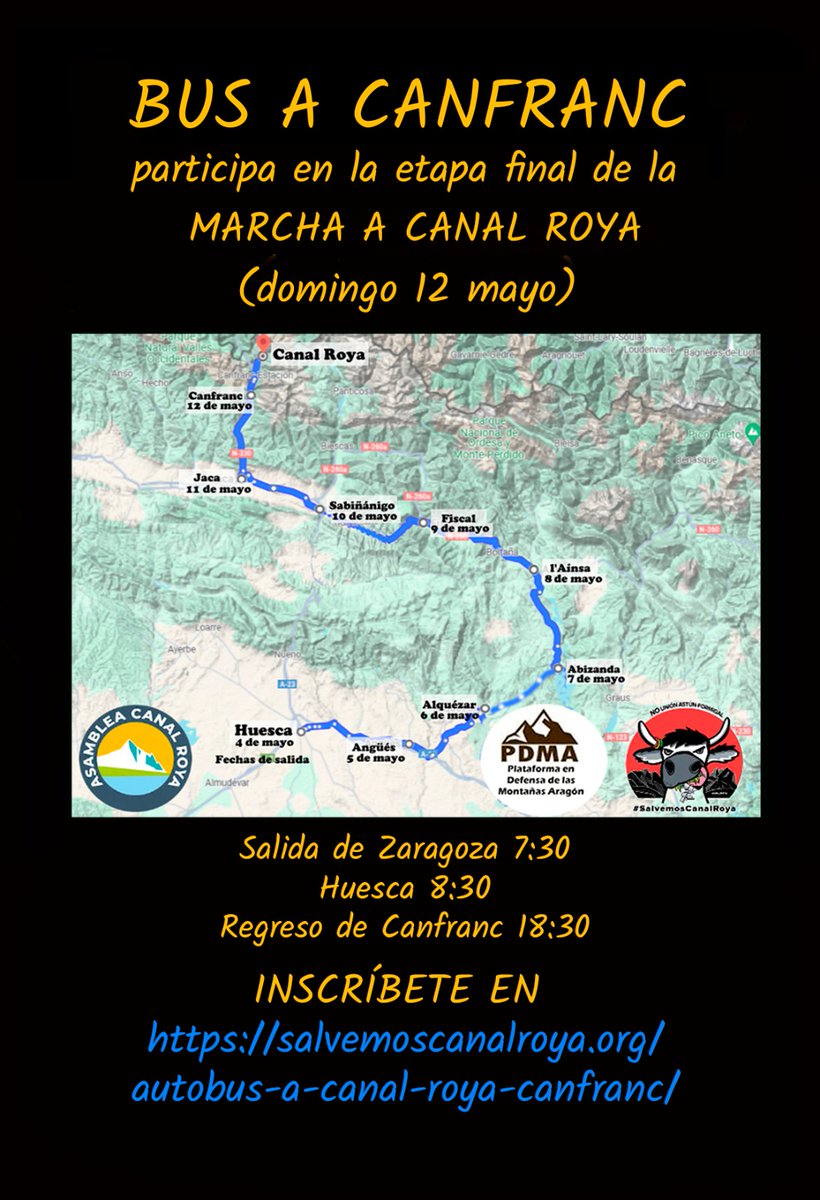 Acompaña a la #MarchaCanalRoya en la que será su última etapa: Canfranc-Canal Roya el 1️⃣2️⃣ de mayo. Inscribete para el Bus a Canfranc en salvemoscanalroya.org/autobus-a-cana…