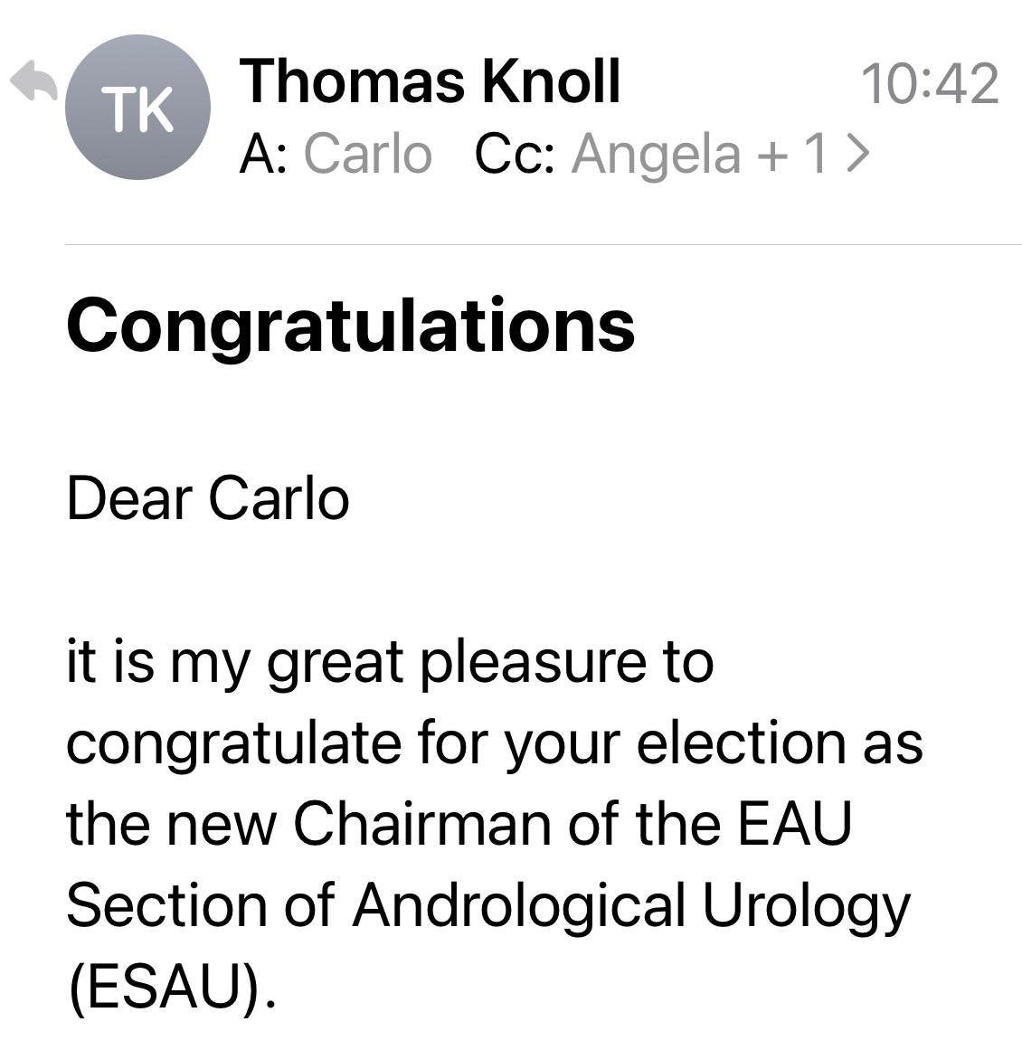 Today I have been nominated Chairman of the Andrological Urology by the European Urological Association (#EAU). I am very proud of this amazing position that represent the a long period of study and research in this field. @Uroweb