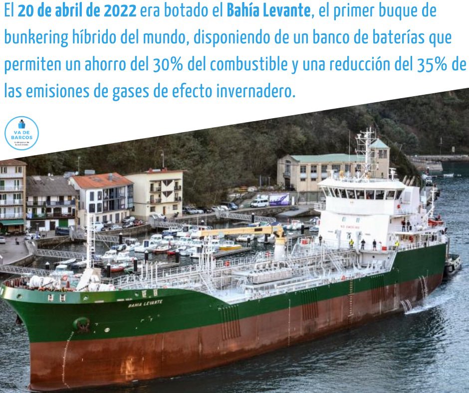 📆 #TalDíaComoHoy de 2022 era botado el Bahía Levante, el primer buque de bunkering híbrido del mundo, disponiendo de un banco de baterías que permiten un ahorro del 30% del combustible y una reducción del 35% de las emisiones de gases de efecto invernadero.
